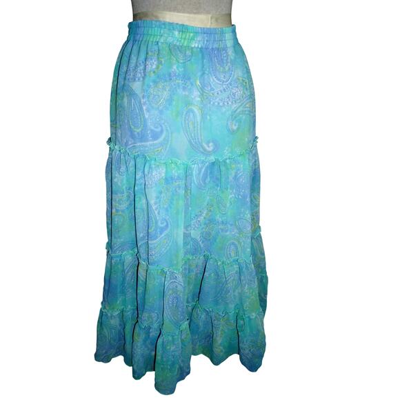 Handmade Boho Tiered Maxi Skirt Blue Green Paisley Print Elastic Waist M - Picture 1 of 9